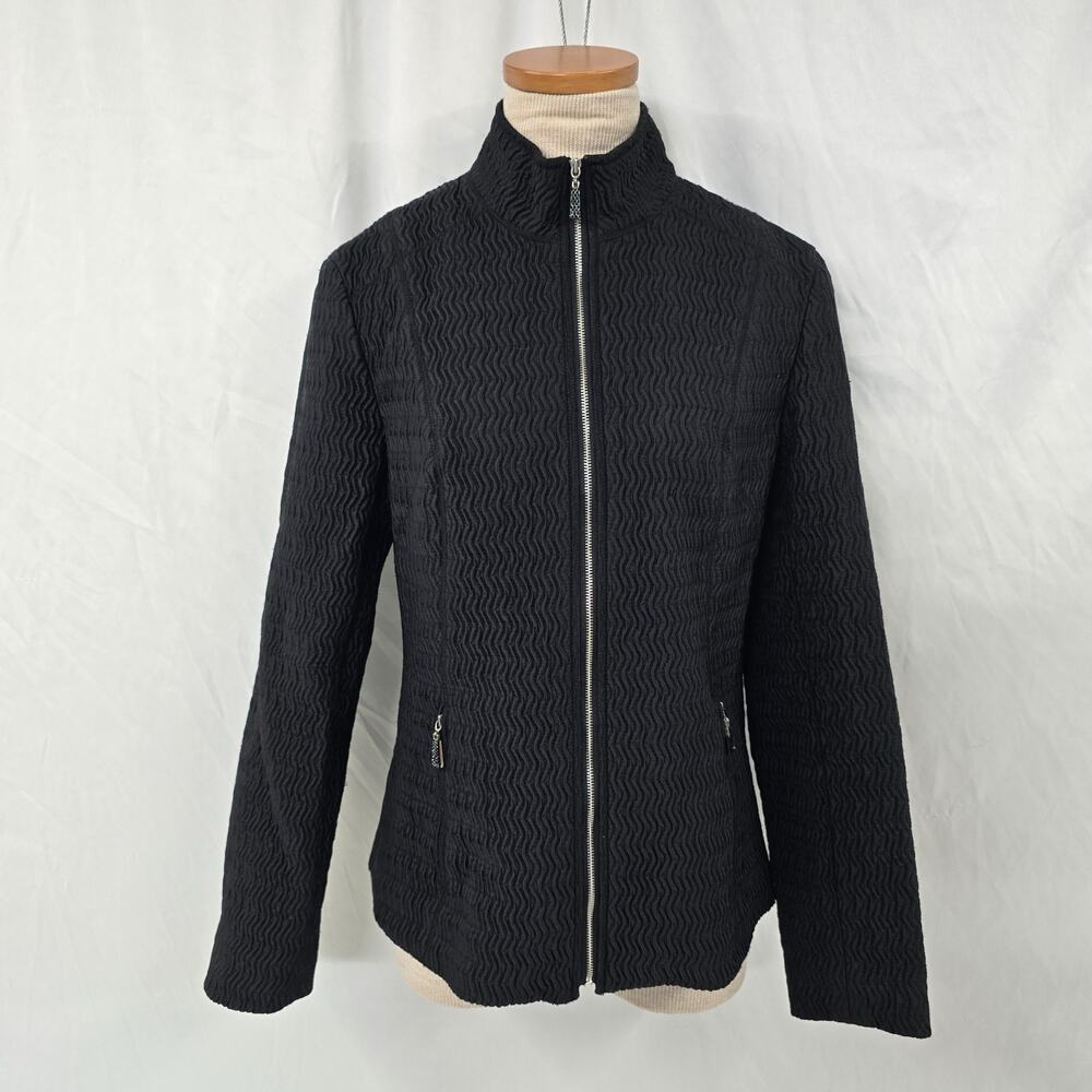 Aeros Full Zip Up Jacket Women's S Black Wavy Puckered Quilted Pockets Mock Neck